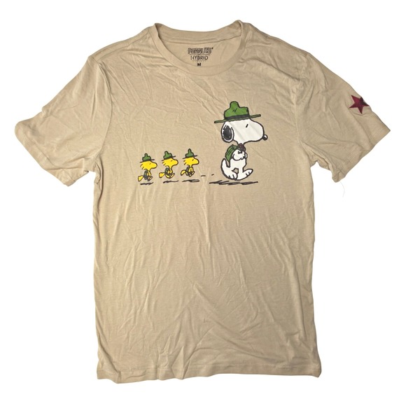 Peanuts Shirt Womens Medium Tan Graphic Tee Beagle Scout Snoopy Cartoon NWT - Picture 1 of 3
